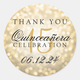 Thank You Quinceanera Birthday Gold Bokeh Lights Classic Round Sticker
