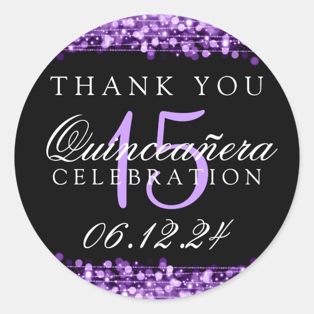 Thank You Quinceanera Party Sparkles Purple Classic Round Sticker (Front)