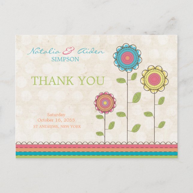 Thank You Rainbow Colourful Tall Flowers Postcard (Front)