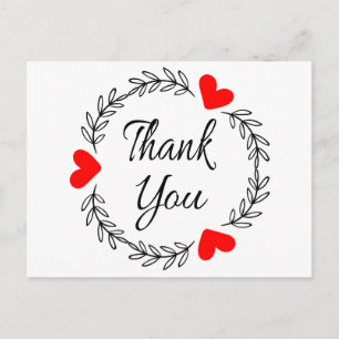 Thank You Red Heart Black Laurel Leaf Wreath Postcard