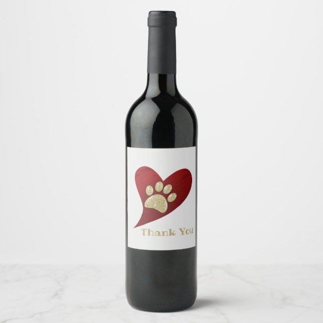 Thank You Red Heart Gold Paw Print Appreciation Wine Label (Front)