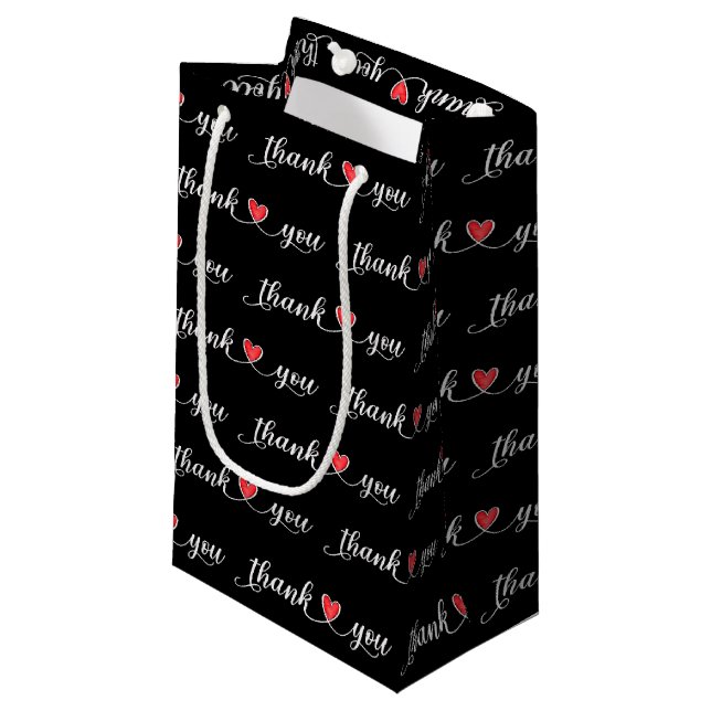 Thank You Red Hearts On Black Small Gift Bag (Front Angled)