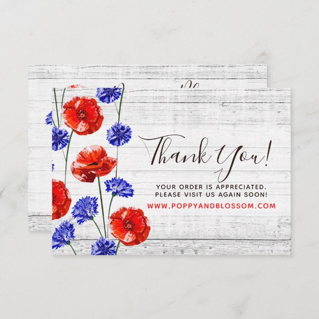 Thank You Red Poppy & Cornflower Rustic Wood Card (Front/Back)