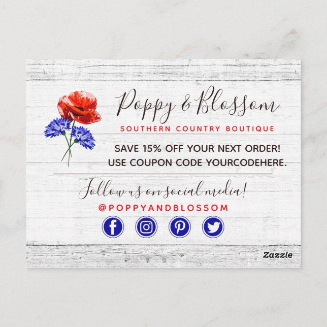 Thank You Red Poppy & Cornflower Rustic Wood Postcard (Back)