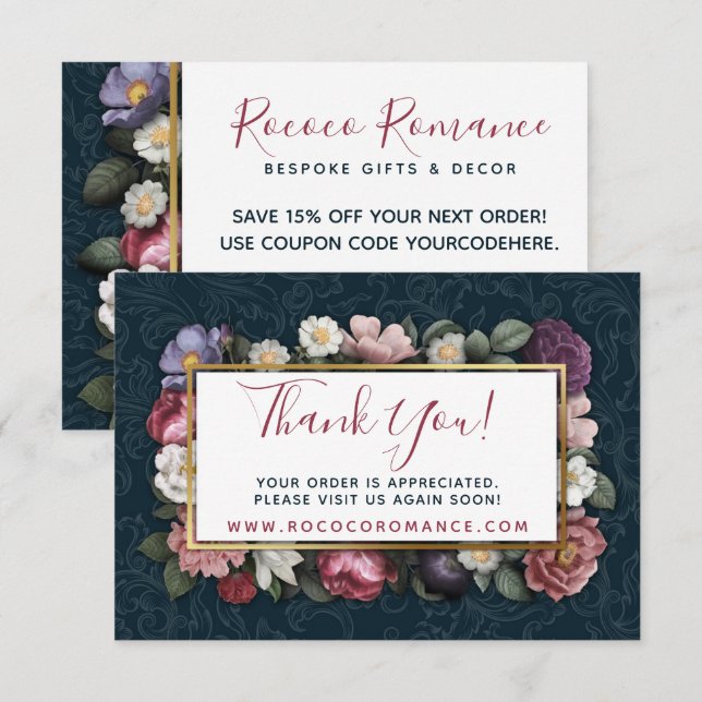Thank You Rococo Damask & Elegant Floral Card (Front/Back)
