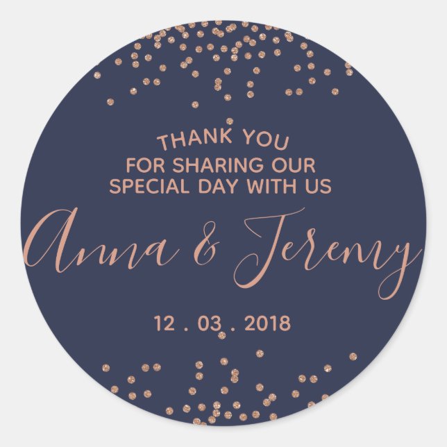 Thank you Rose Gold and Navy Blue Confetti Sticker (Front)