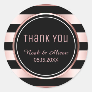 Thank You Rose Gold Black Stripes Modern Wedding Classic Round Sticker