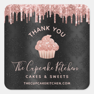 Thank You Rose Gold Cupcake Glitter Bakery Black Square Sticker