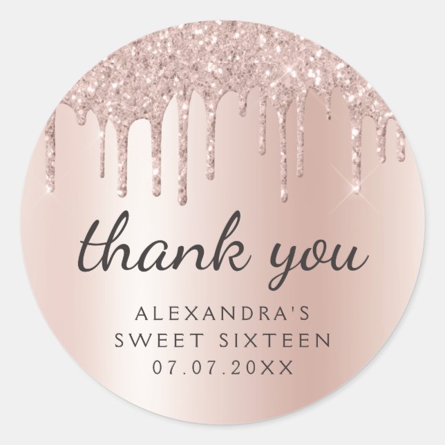 Thank You Rose Gold Glitter Girly Sweet 16 Classic Round Sticker (Front)