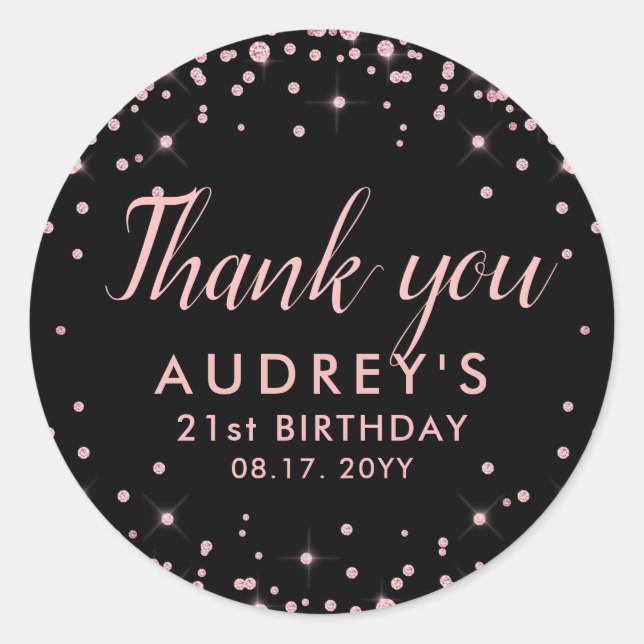 Thank You Rose Gold Glitter Monogram 21st Birthday Classic Round Sticker (Front)