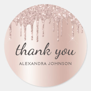 Thank You Rose Gold Pink Dripping Glitter Classic Round Sticker