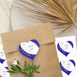 Thank You Royal Blue and Gold Floral Line Art Heart Sticker