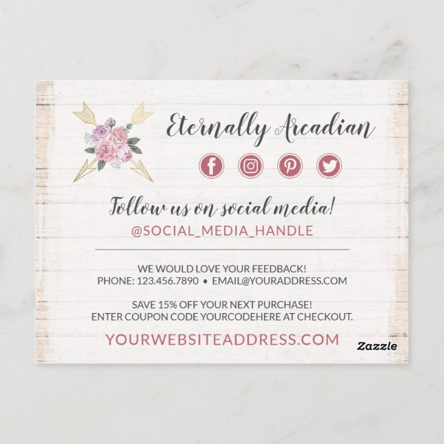 Thank You Rustic Bohemian Floral Arrows Blush Pink Postcard (Back)