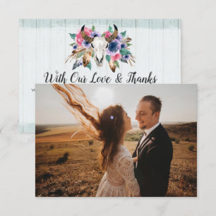 Thank You Rustic Floral Cow Skull Boho Photo Card
