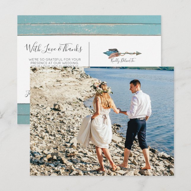 Thank You Rustic Turquoise Feathers Boho Arrow Postcard (Front/Back)