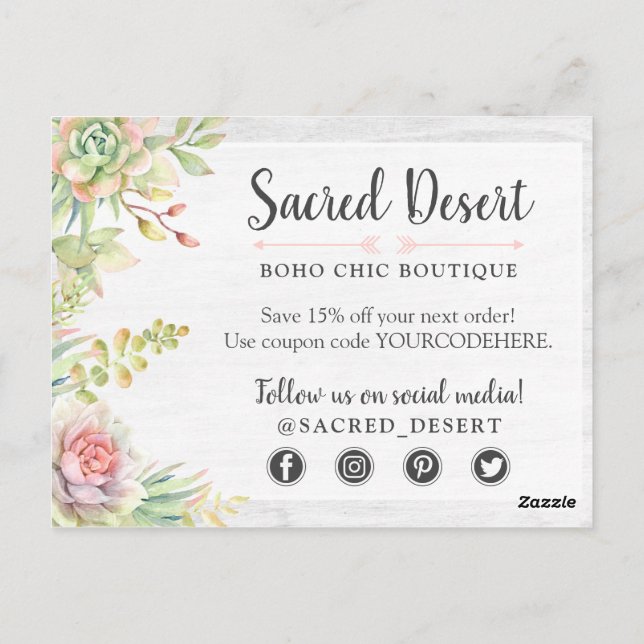 Thank You Rustic Watercolor Succulent Desert Cacti Postcard (Back)