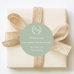 Thank you sage green monogrammed wedding classic round sticker