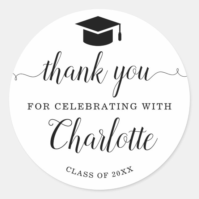 Thank You Script Black Grad Graduation Party Favou Classic Round Sticker (Front)