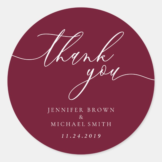 Thank you script burgundy simple names date classic round sticker (Front)