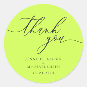 Thank you script Cyber Lime Jet Black names date Classic Round Sticker