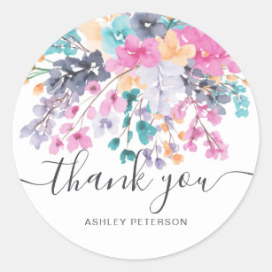 Thank you script dried wild floral watercolor classic round sticker