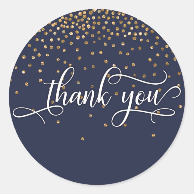 Thank You Script, Gold Confetti on Midnight Blue Classic Round Sticker (Front)