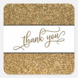 Thank You Script, Gold Glitter w/ White Band Square Sticker