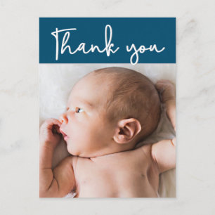 Thank you Script Modern blue Baby Photo Birth Announcement Postcard