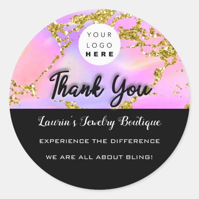 Thank You Script Name Custom Logo Holograph Black Classic Round Sticker (Front)