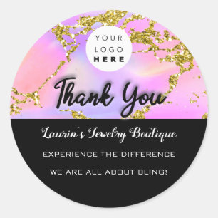 Thank You Script Name Custom Logo Holograph Black Classic Round Sticker