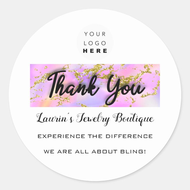 Thank You Script Name Custom Logo Holograph White Classic Round Sticker (Front)