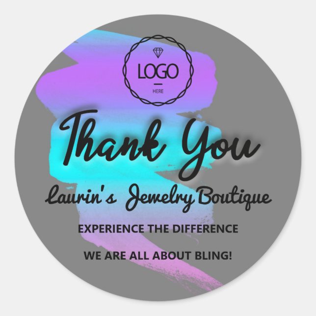 Thank You Script Name Custom Logo Strokes BlueGray Classic Round Sticker (Front)