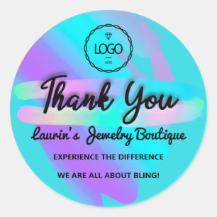 Thank You Script Name Holographic Stroke Blue Pink Classic Round Sticker