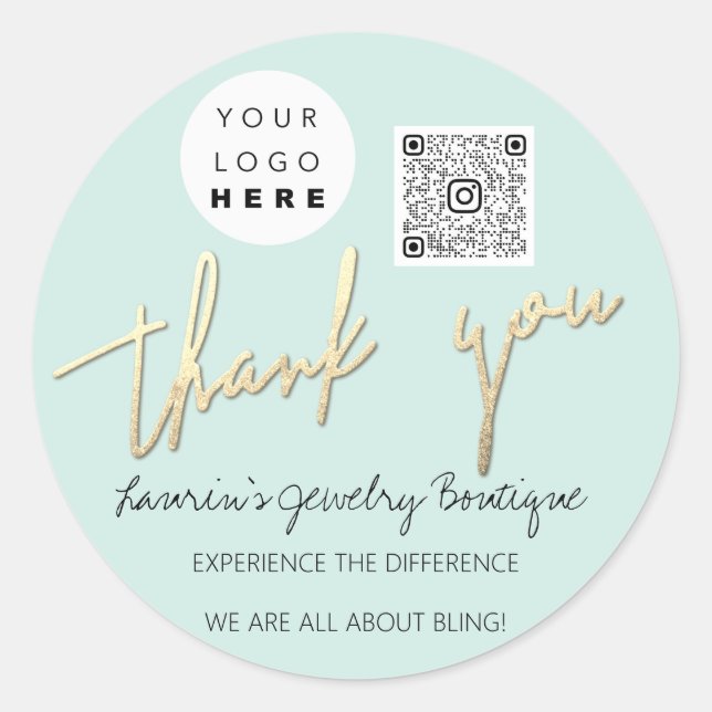 Thank You Script Name Logo Qr Code Online Aqua Classic Round Sticker (Front)