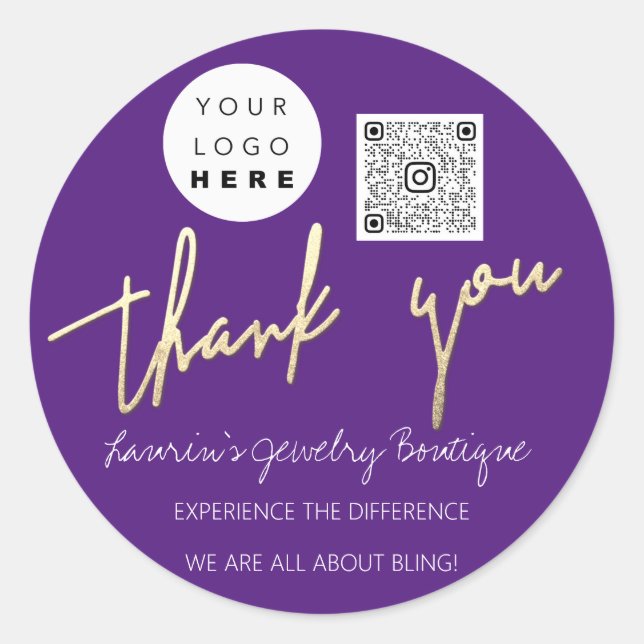Thank You Script Name Logo Qr Code Online Purple Classic Round Sticker (Front)