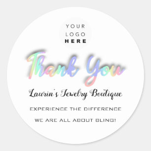 Thank You Script Name Shop Holographic White Classic Round Sticker