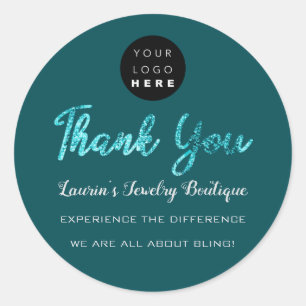 Thank You Script Name Shop Teal Blue Logo Classic Round Sticker