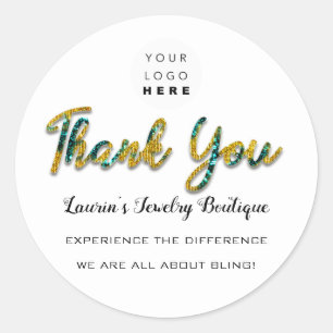 Thank You Script Name Shop Web Logo Teal Gold Classic Round Sticker