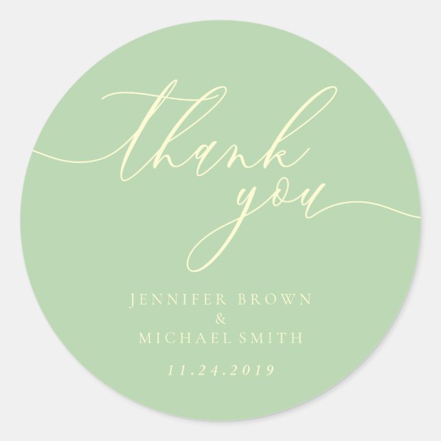 Thank you script Pistachio & Cream names date Classic Round Sticker (Front)