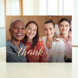 Thank you Script Team Photo Business Rose Gold Foil Holiday Card