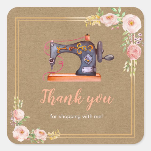 Thank you Sewing machine floral kraft sticker (Front)