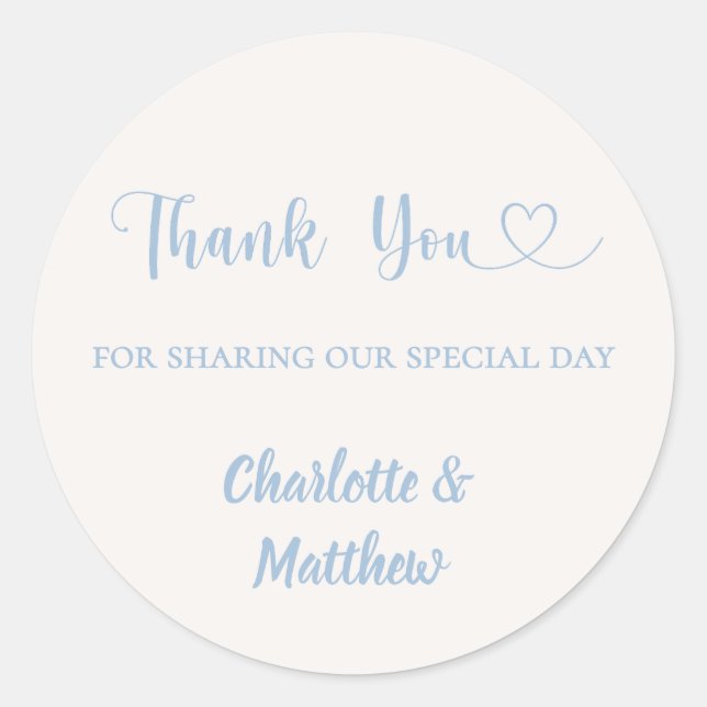 Thank you sharing our day ivory dusty blue wedding classic round sticker (Front)