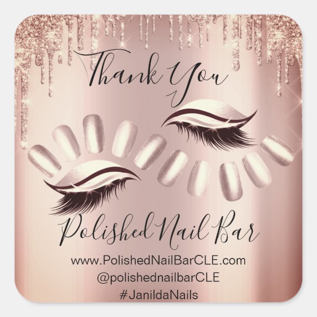Thank You Shopping Drips Nail Lashes Rose Gold Square Sticker (Front)