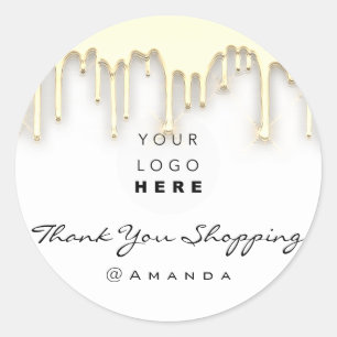 Thank You Shopping Name Logo White Gold Classic Round Sticker