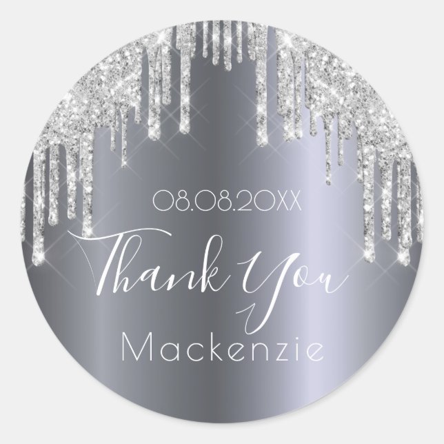 Thank You silver glitter drips sparkle name Classic Round Sticker (Front)