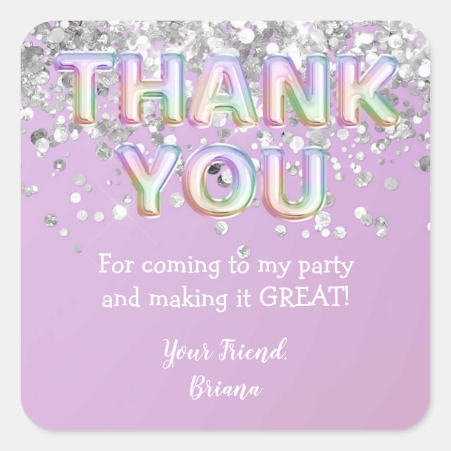 Thank You Silver Rainbow Balloons Favour Square Sticker (Front)
