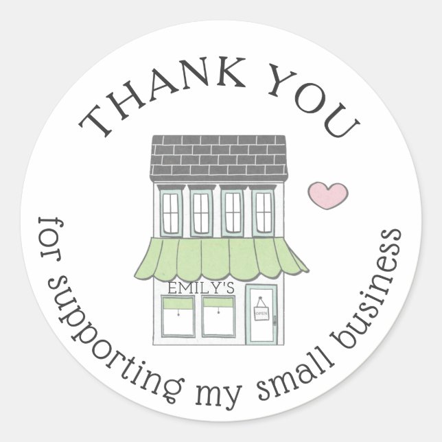 Thank You Small Business Shop Heart Personalized Classic Round Sticker (Front)