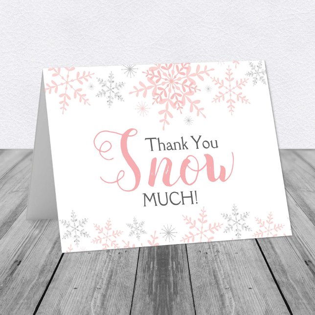 Thank You SNOW Much Pink Winter Baby Shower Note Card (Pink & Silver Glitter Snowflakes Thank You Snow Much Thank You Note Card)