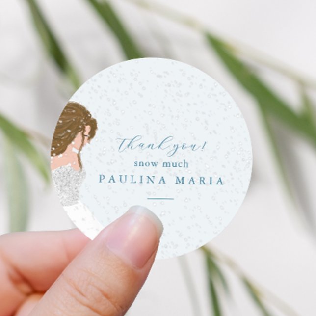 Thank You Snow Much Winter Fashion Quinceanera Classic Round Sticker (Adorable "thank you snow much" winter theme quinceanera sticker.)