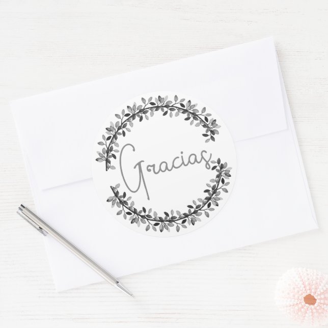 Thank You Spanish Gracias Grey Typography Wreath Classic Round Sticker (Envelope)
